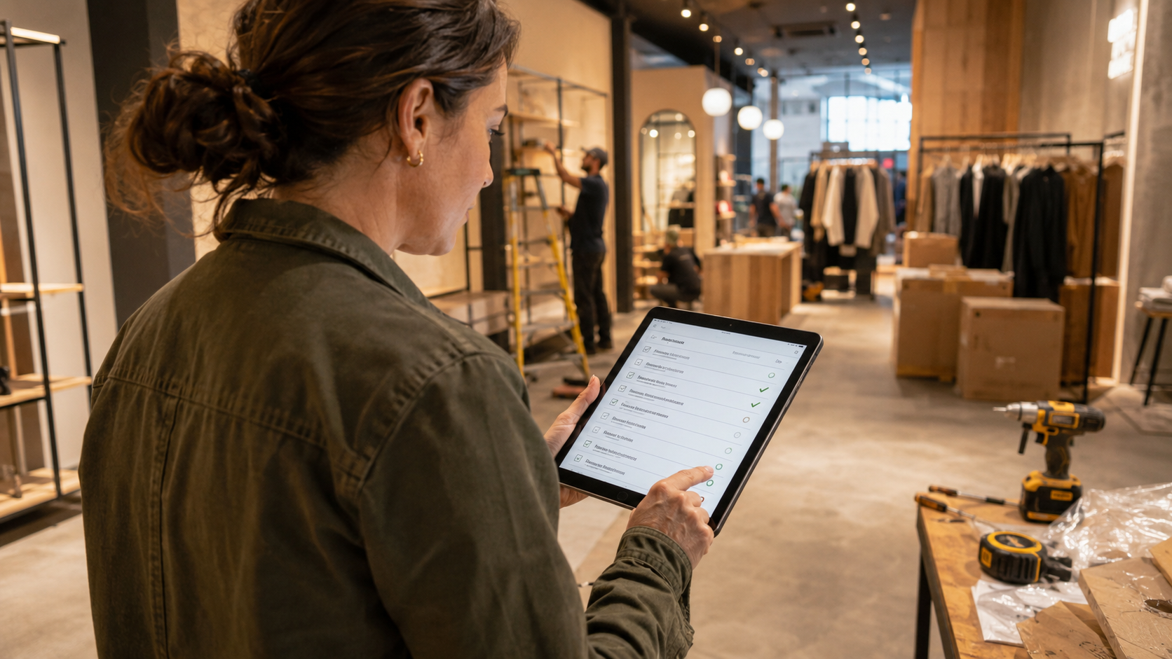 Retail team using a tablet to review an operational process.